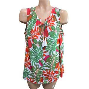 ROSE+OLIVE‎ Tropical Leaf Print Sleeveless V-Neck Tie Front Top 1X Green Orange